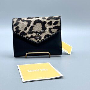 Michael Kors Black Leather Leopard Print Heather Grey Calf Hair Trifold Wallet